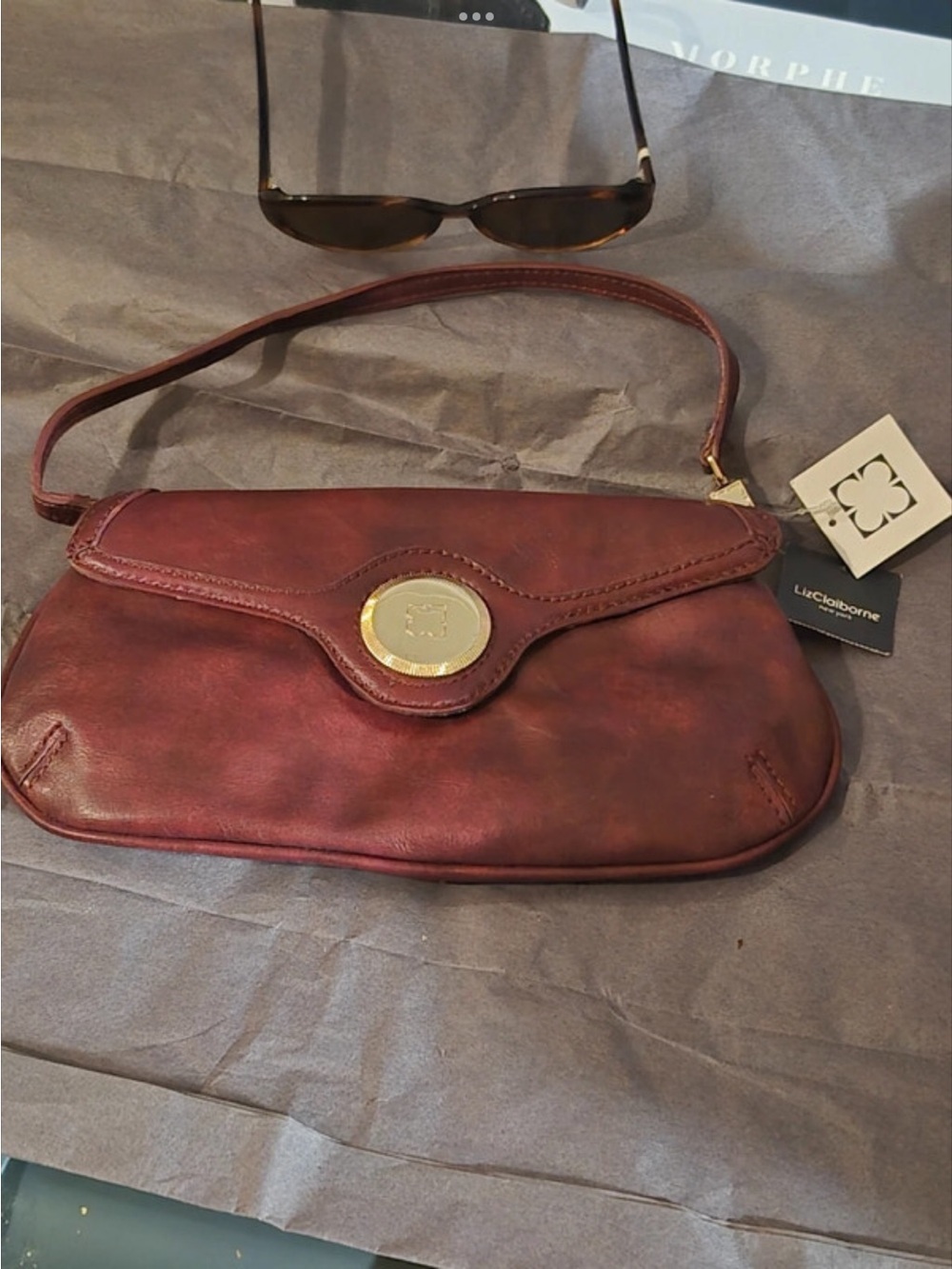 Liz Claiborne Wine Leather Crossbody with Gold Emblem